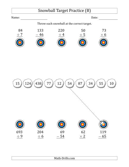 The Winter Snowball Target Practice Mixed Operations with Smaller Numbers (B) Math Worksheet