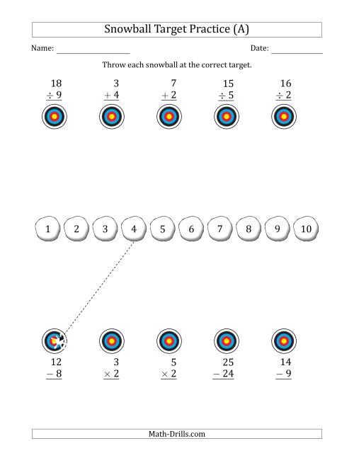The Winter Snowball Target Practice Mixed Operations with Sequences (A) Math Worksheet