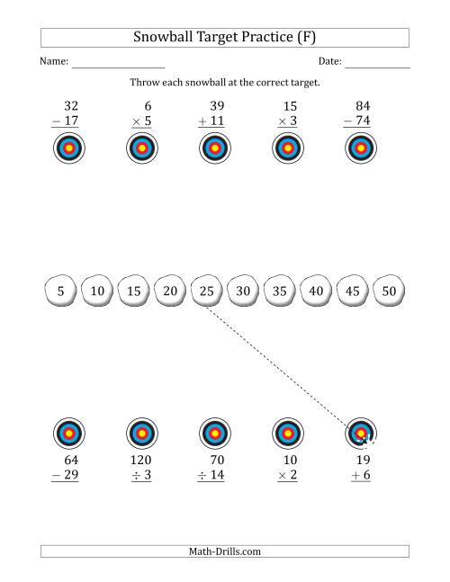 The Winter Snowball Target Practice Mixed Operations with Sequences (F) Math Worksheet