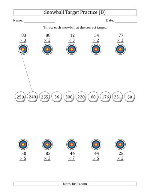 The Winter Snowball Target Practice Multiplying Two-Digit by One-Digit Numbers (D) Math Worksheet