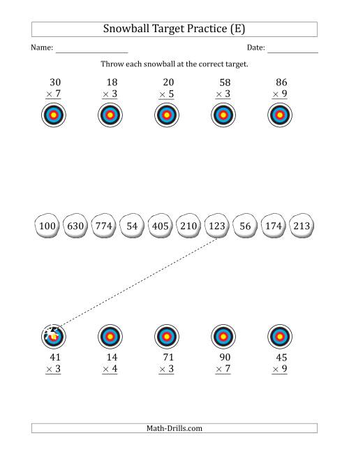 The Winter Snowball Target Practice Multiplying Two-Digit by One-Digit Numbers (E) Math Worksheet