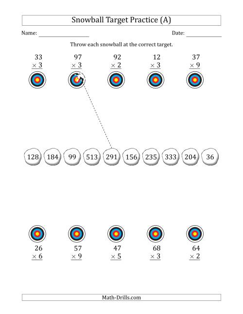 The Winter Snowball Target Practice Multiplying Two-Digit by One-Digit Numbers (All) Math Worksheet