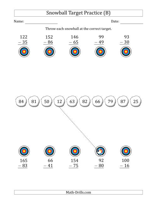The Winter Snowball Target Practice Subtracting Two-Digit Numbers (B) Math Worksheet