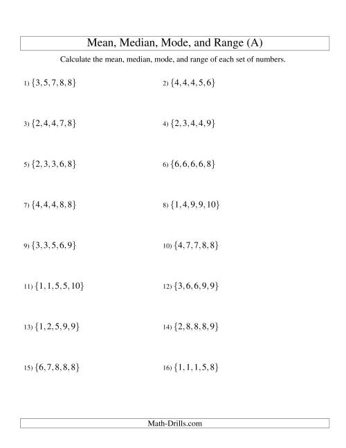 The Mean, Median, Mode and Range -- Sorted Sets (Sets of 5 from 1 to 10) (A) Math Worksheet