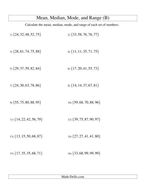 The Mean, Median, Mode and Range -- Sorted Sets (Sets of 5 from 10 to 99) (B) Math Worksheet