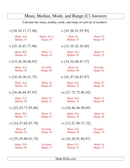 The Mean, Median, Mode and Range -- Sorted Sets (Sets of 5 from 10 to 99) (C) Math Worksheet Page 2