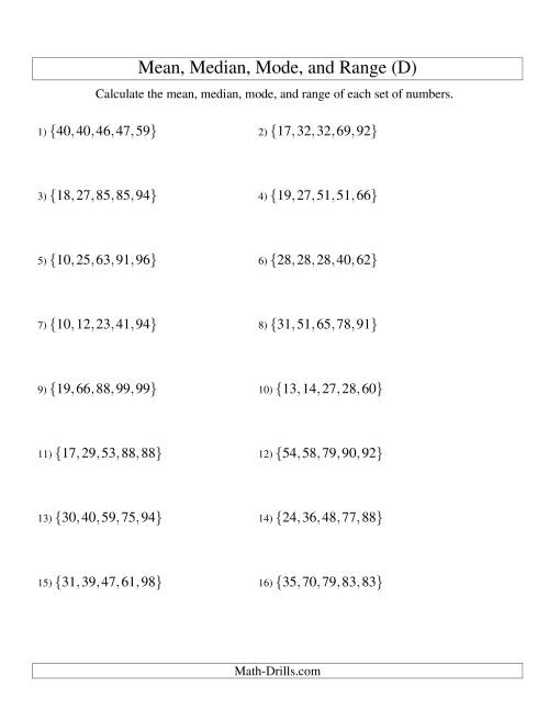 The Mean, Median, Mode and Range -- Sorted Sets (Sets of 5 from 10 to 99) (D) Math Worksheet