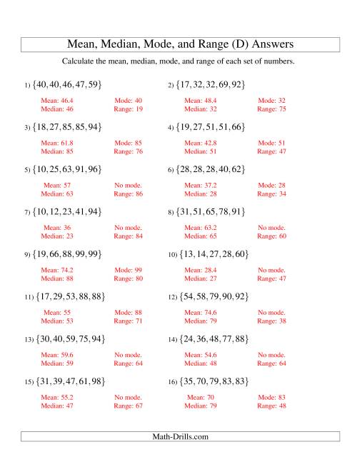 The Mean, Median, Mode and Range -- Sorted Sets (Sets of 5 from 10 to 99) (D) Math Worksheet Page 2