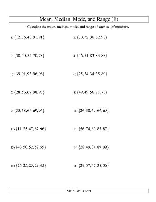 The Mean, Median, Mode and Range -- Sorted Sets (Sets of 5 from 10 to 99) (E) Math Worksheet