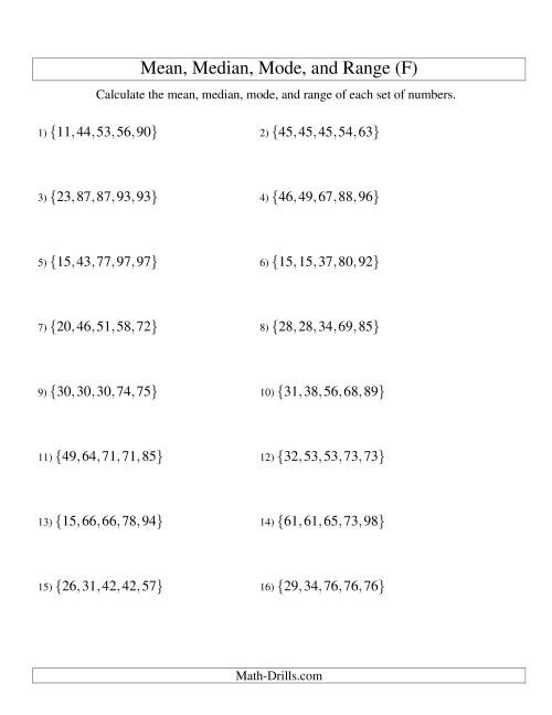 The Mean, Median, Mode and Range -- Sorted Sets (Sets of 5 from 10 to 99) (F) Math Worksheet