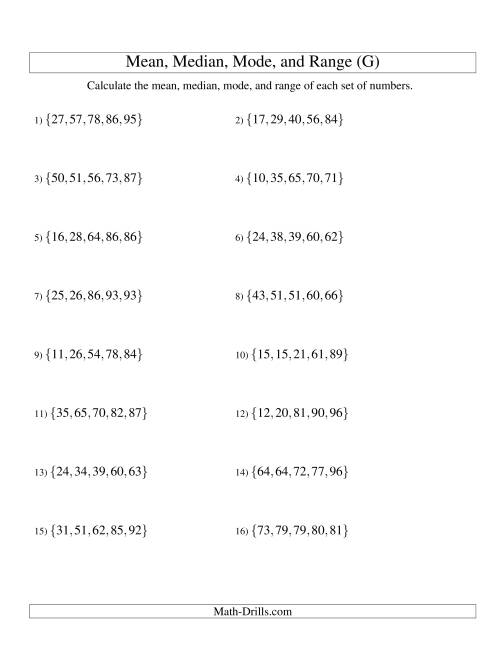 The Mean, Median, Mode and Range -- Sorted Sets (Sets of 5 from 10 to 99) (G) Math Worksheet