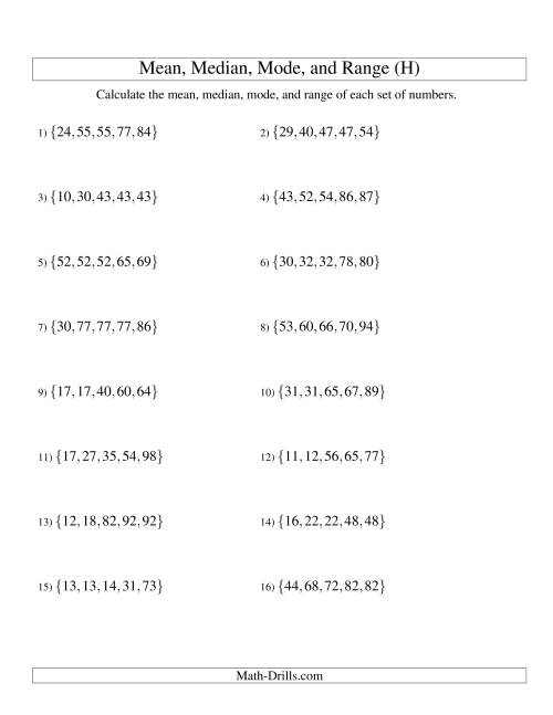 The Mean, Median, Mode and Range -- Sorted Sets (Sets of 5 from 10 to 99) (H) Math Worksheet