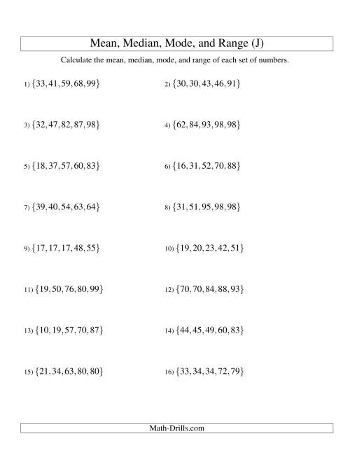 The Mean, Median, Mode and Range -- Sorted Sets (Sets of 5 from 10 to 99) (J) Math Worksheet