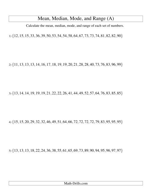 The Mean, Median, Mode and Range -- Sorted Sets (Sets of 20 from 10 to 99) (All) Math Worksheet