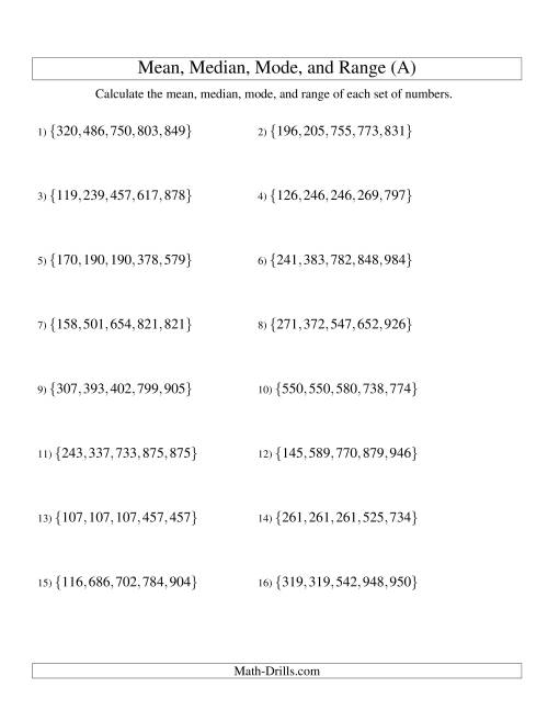 The Mean, Median, Mode and Range -- Sorted Sets (Sets of 5 from 100 to 999) (A) Math Worksheet