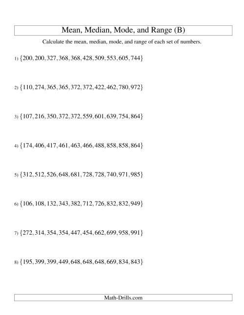 The Mean, Median, Mode and Range -- Sorted Sets (Sets of 10 from 100 to 999) (B) Math Worksheet