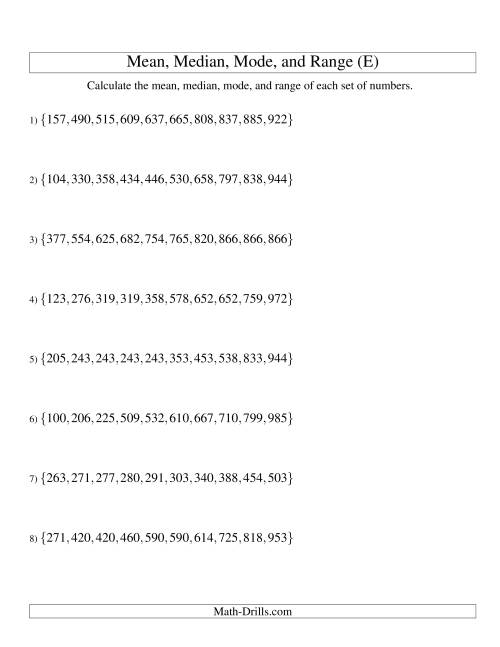 The Mean, Median, Mode and Range -- Sorted Sets (Sets of 10 from 100 to 999) (E) Math Worksheet