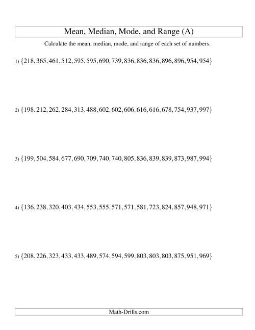 The Mean, Median, Mode and Range -- Sorted Sets (Sets of 15 from 100 to 999) (A) Math Worksheet