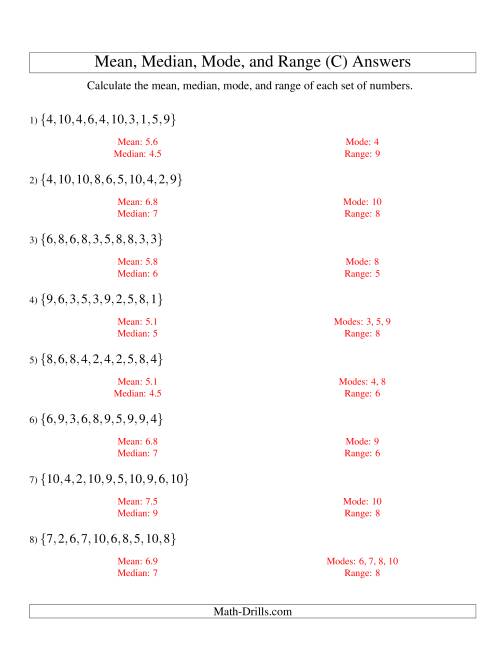 The Mean, Median, Mode and Range -- Unsorted Sets (Sets of 10 from 1 to 10) (C) Math Worksheet Page 2