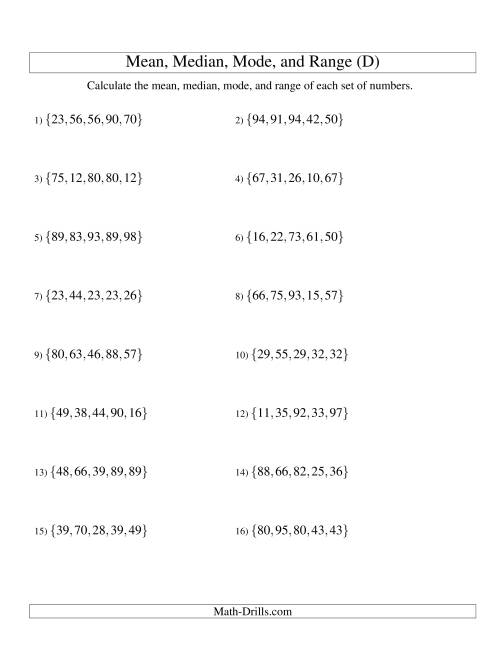 The Mean, Median, Mode and Range -- Unsorted Sets (Sets of 5 from 10 to 99) (D) Math Worksheet