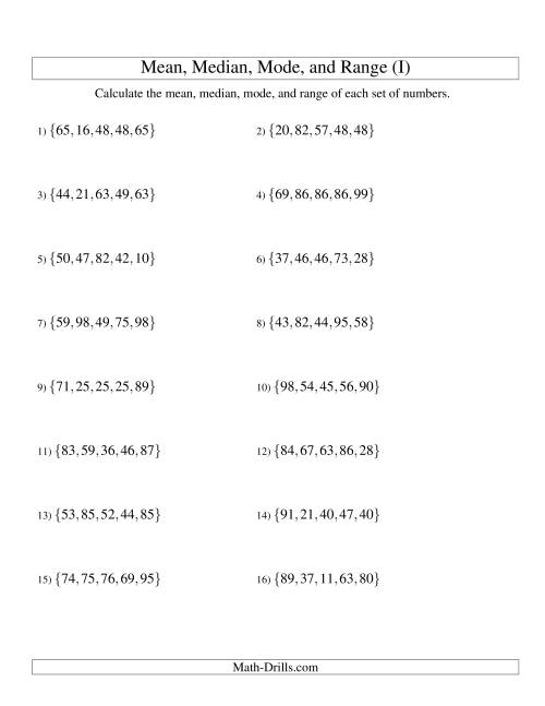 The Mean, Median, Mode and Range -- Unsorted Sets (Sets of 5 from 10 to 99) (I) Math Worksheet