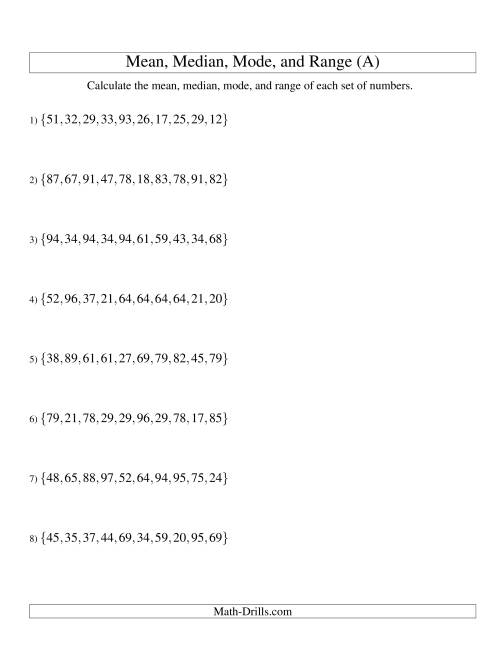 The Mean, Median, Mode and Range -- Unsorted Sets (Sets of 10 from 10 to 99) (A) Math Worksheet