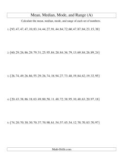 Mean, Median, Mode and Range -- Unsorted Sets (Sets of 20 from 10 to 99)