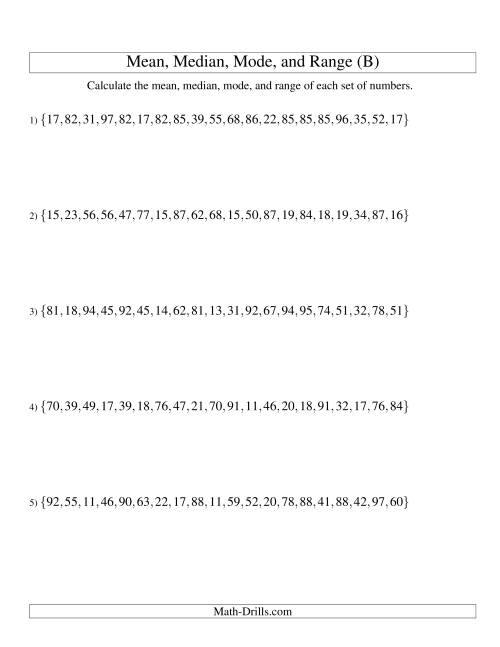 The Mean, Median, Mode and Range -- Unsorted Sets (Sets of 20 from 10 to 99) (B) Math Worksheet