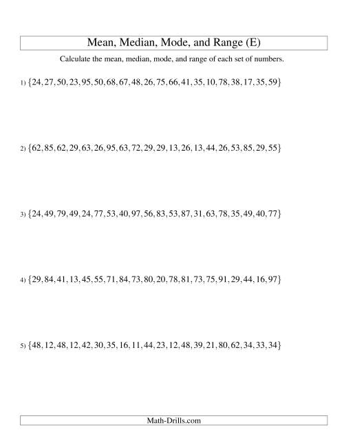 The Mean, Median, Mode and Range -- Unsorted Sets (Sets of 20 from 10 to 99) (E) Math Worksheet