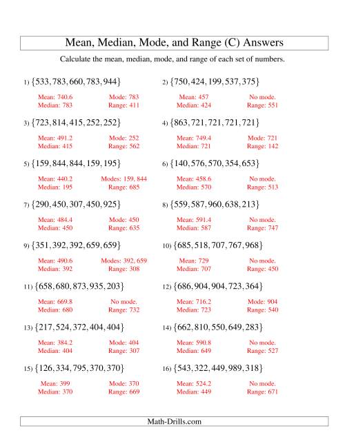 The Mean, Median, Mode and Range -- Unsorted Sets (Sets of 5 from 100 to 999) (C) Math Worksheet Page 2
