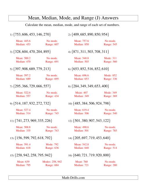 The Mean, Median, Mode and Range -- Unsorted Sets (Sets of 5 from 100 to 999) (J) Math Worksheet Page 2