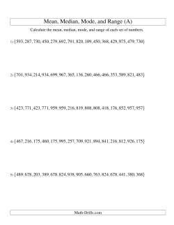 Mean, Median, Mode and Range -- Unsorted Sets (Sets of 15 from 100 to 999)