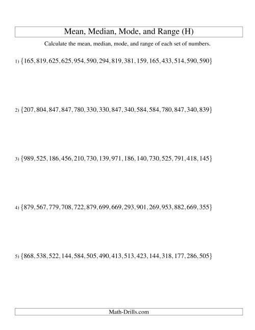 The Mean, Median, Mode and Range -- Unsorted Sets (Sets of 15 from 100 to 999) (H) Math Worksheet