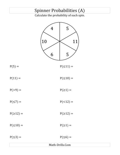 The 6 Section Spinner Probabilities (A) Math Worksheet