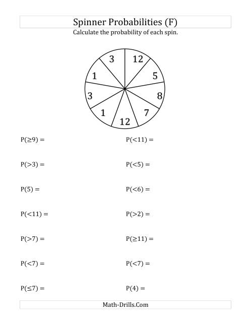 The 9 Section Spinner Probabilities (F) Math Worksheet