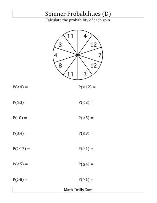 The 10 Section Spinner Probabilities (D) Math Worksheet