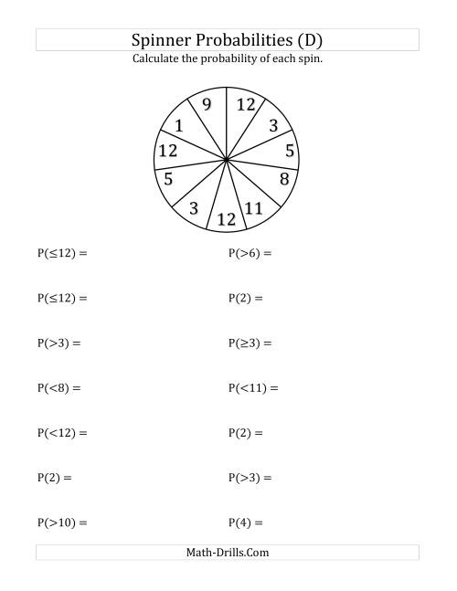 The 11 Section Spinner Probabilities (D) Math Worksheet