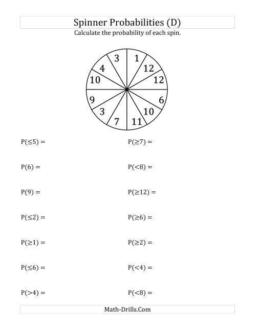 The 12 Section Spinner Probabilities (D) Math Worksheet