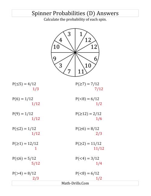 The 12 Section Spinner Probabilities (D) Math Worksheet Page 2