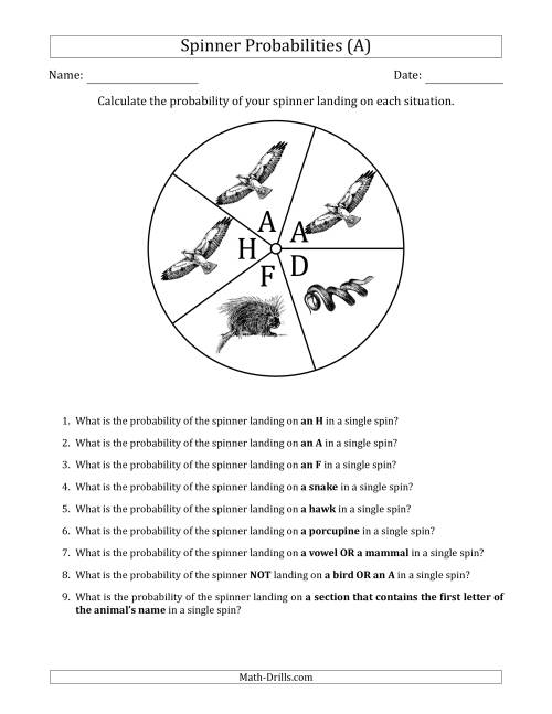 The Non-Numerical Spinners with Letters/Pictures (5 Sections) (A) Math Worksheet