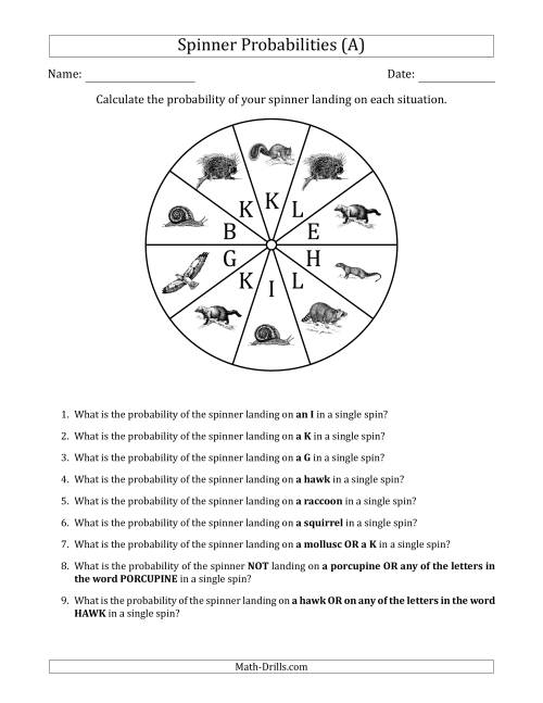 The Non-Numerical Spinners with Letters/Pictures (10 Sections) (A) Math Worksheet