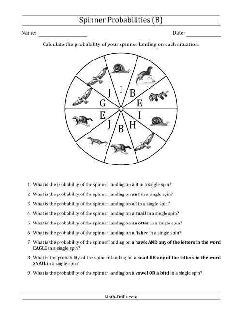 The Non-Numerical Spinners with Letters/Pictures (10 Sections) (B) Math Worksheet