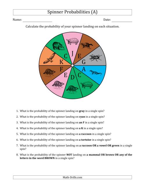 The Non-Numerical Spinners with Colors/Letters/Pictures (10 Sections) (A) Math Worksheet