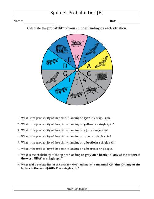 The Non-Numerical Spinners with Colors/Letters/Pictures (10 Sections) (B) Math Worksheet