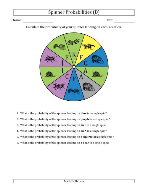 The Non-Numerical Spinners with Colors/Letters/Pictures (10 Sections) (D) Math Worksheet