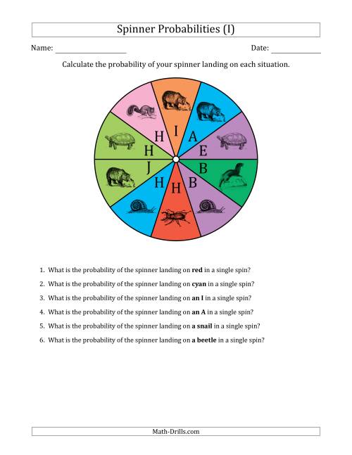 The Non-Numerical Spinners with Colors/Letters/Pictures (10 Sections) (I) Math Worksheet
