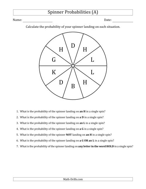 The Non-Numerical Spinners with Letters (10 Sections) (A) Math Worksheet