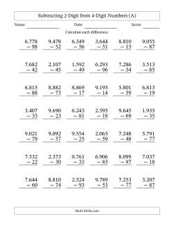 Subtracting 2-Digit from 4-Digit Numbers With Some Regrouping (42 Questions) (Period Separated Thousands)