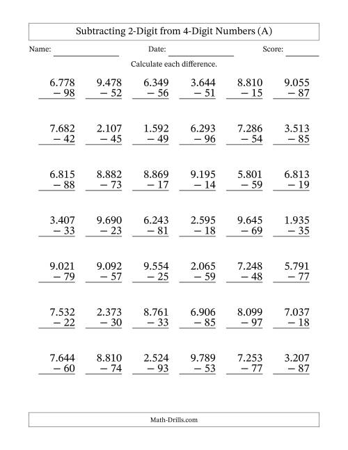The Subtracting 2-Digit from 4-Digit Numbers With Some Regrouping (42 Questions) (Period Separated Thousands) (A) Math Worksheet