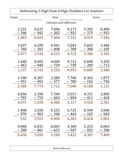 The Subtracting 3-Digit from 4-Digit Numbers With Some Regrouping (42 Questions) (Period Separated Thousands) (A) Math Worksheet Page 2